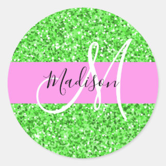 Glam Pink and Green Glitter Sparkles Monogram Name Classic Round Sticker