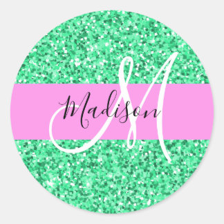 Glam Pink and Green Glitter Sparkles Monogram Name Classic Round Sticker