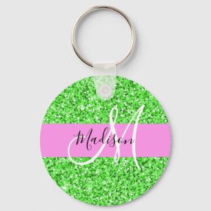 Glam Pink and Green Glitter Sparkles Monogram Name Key Ring