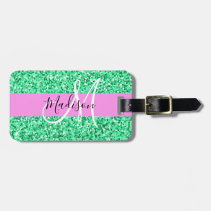 Glam Pink and Green Glitter Sparkles Monogram Name Luggage Tag