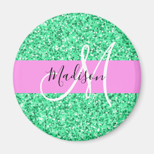 Glam Pink and Green Glitter Sparkles Monogram Name Magnet