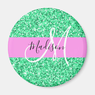 Glam Pink and Green Glitter Sparkles Monogram Name Magnet