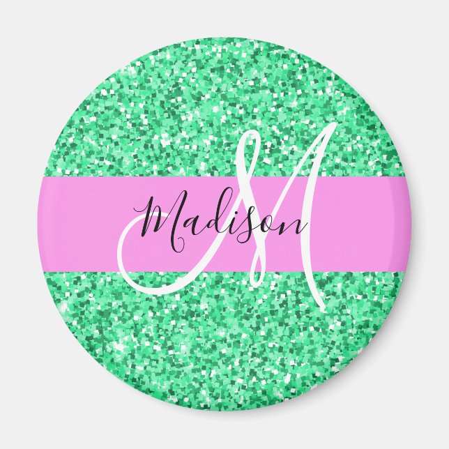 Glam Pink and Green Glitter Sparkles Monogram Name Magnet (Front)