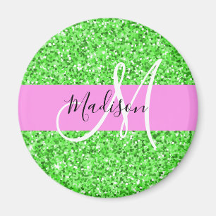 Glam Pink and Green Glitter Sparkles Monogram Name Magnet