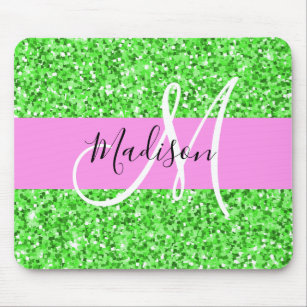 Glam Pink and Green Glitter Sparkles Monogram Name Mouse Pad