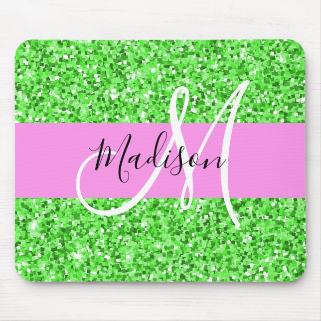 Glam Pink and Green Glitter Sparkles Monogram Name Mouse Pad (Front)