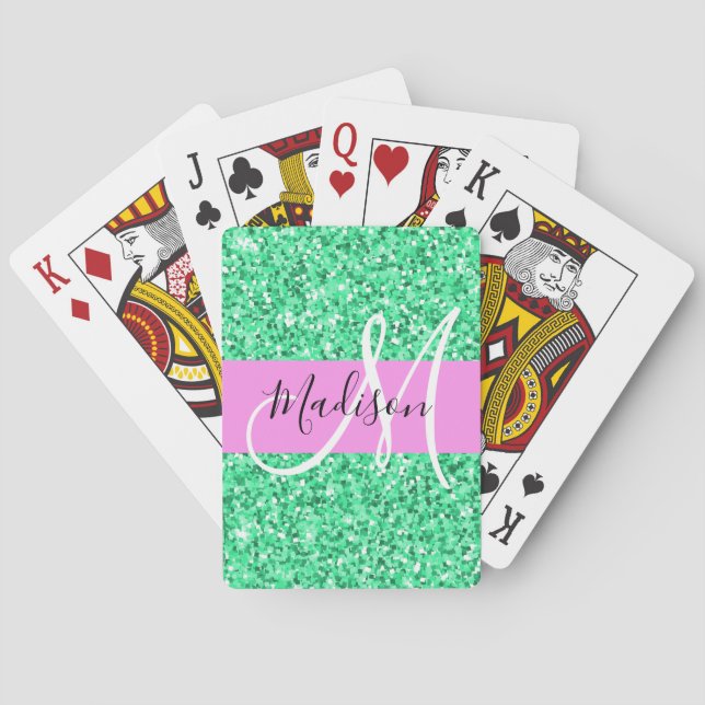 Glam Pink and Green Glitter Sparkles Monogram Name Playing Cards (Back)