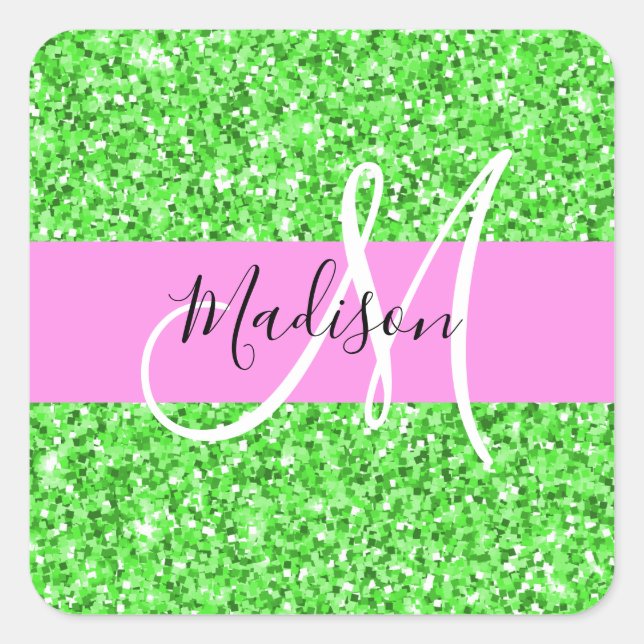 Glam Pink and Green Glitter Sparkles Monogram Name Square Sticker (Front)