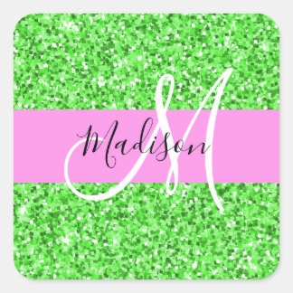 Glam Pink and Green Glitter Sparkles Monogram Name Square Sticker