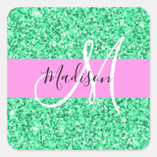 Glam Pink and Green Glitter Sparkles Monogram Name Square Sticker