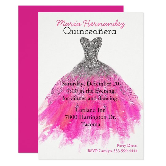 Glam Pink and Silver Gown Quinceañera Invitation