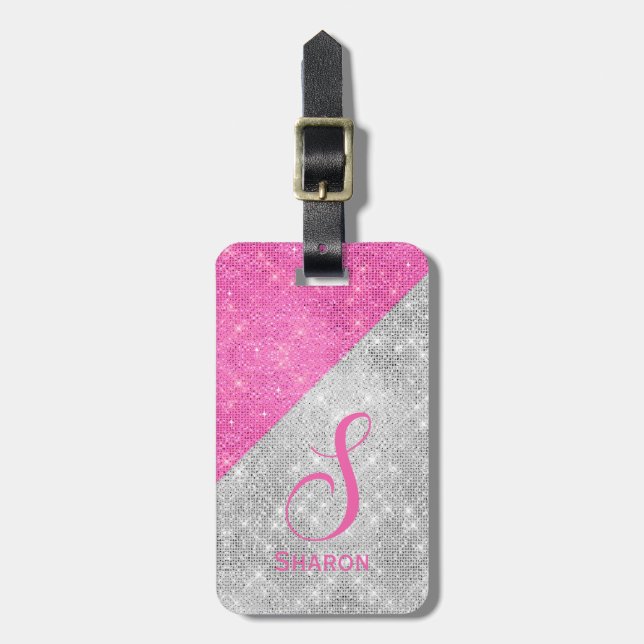 Glam Pink and Silver Monogrammed Luggage Tag (Front Vertical)