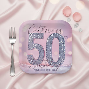 Glam Pink and Silver Sequin 50th Birthday Party  Paper Plate