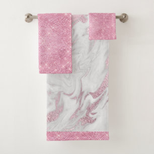 Glam Pink and White Marbled Bath Towel Set