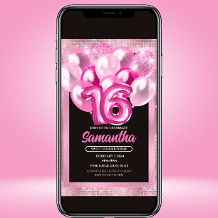 Glam Pink Balloons Sweet 16 Birthday Invitation