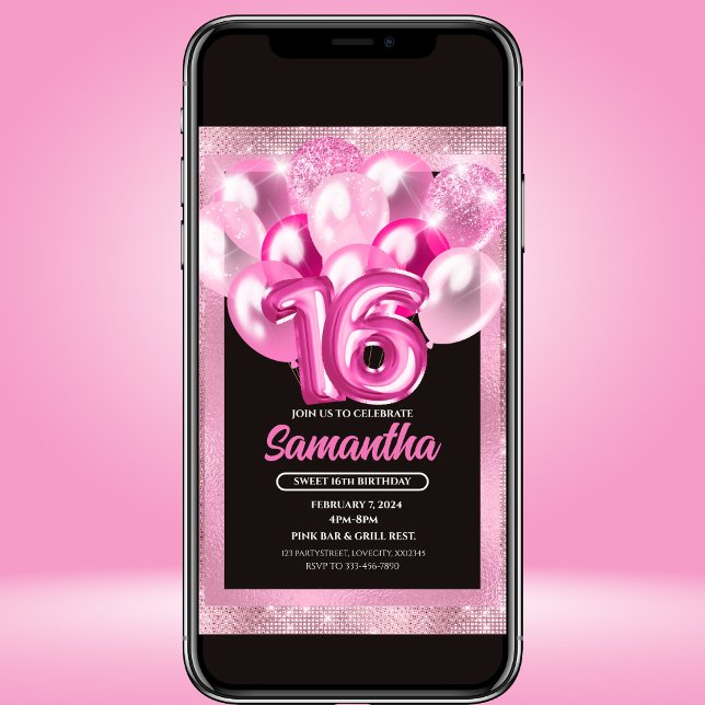 Glam Pink Balloons Sweet 16 Birthday Invitation (Creator Uploaded)
