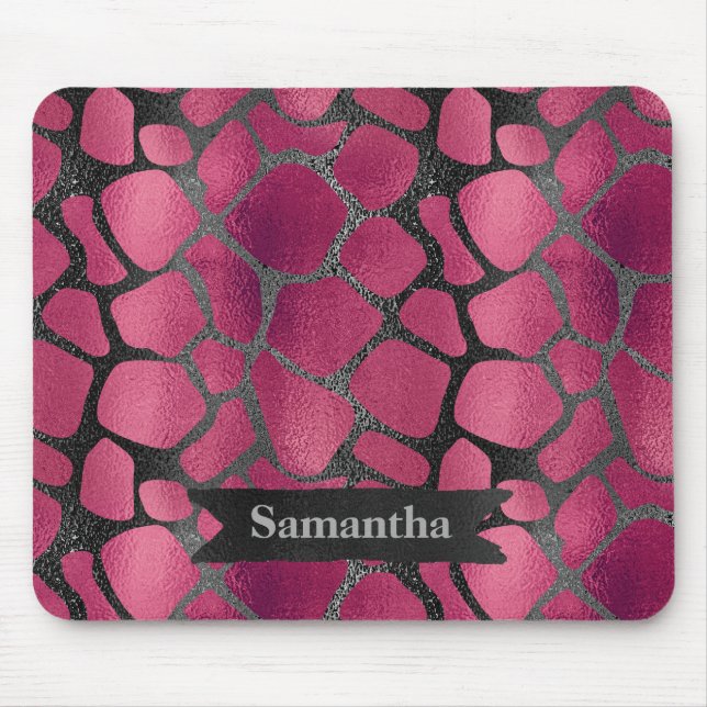 Glam pink black animal print glitter personalised mouse pad (Front)