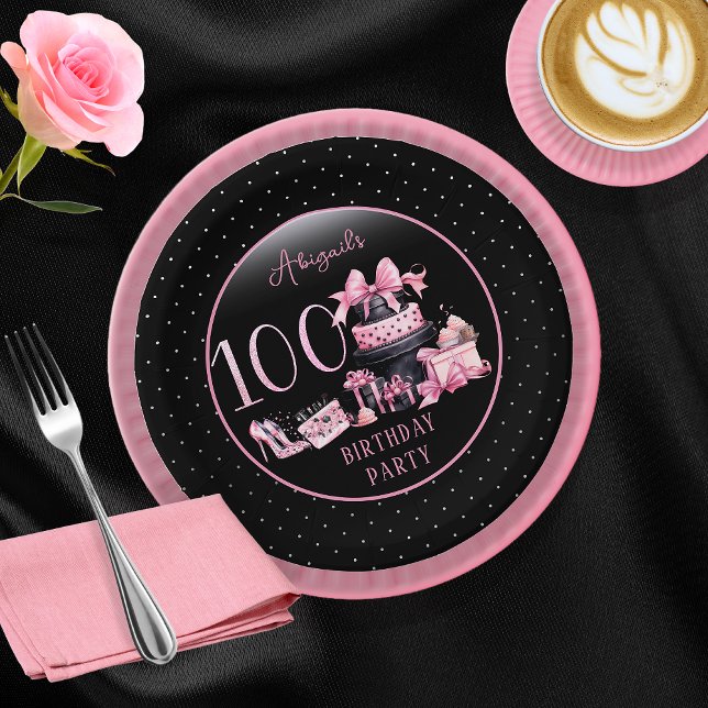 Glam Pink Black Fashion 100th Birthday Party Paper Plate (Glam Pink and Black French Couture Fashion 100th Birthday Party Paper Plates)