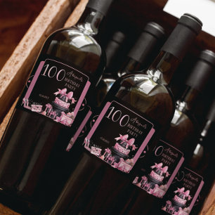 Glam Pink Black Fashion 100th Birthday Party Sparkling Wine Label