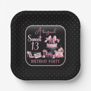 Glam Pink Black Fashion 13th Birthday Party Paper Plate