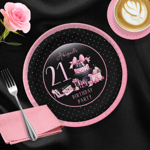 Glam Pink Black Fashion 21st Birthday Party Paper Plate