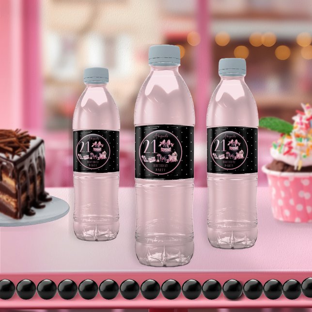 Glam Pink Black Fashion 21st Birthday Party Water Bottle Label (Glam Pink and Black French Couture Fashion 21st Birthday Party Water Bottle Labels)