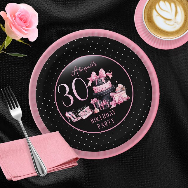 Glam Pink Black Fashion 30th Birthday Party Paper Plate (Glam Pink and Black French Couture Fashion 30th Birthday Party Paper Plates)