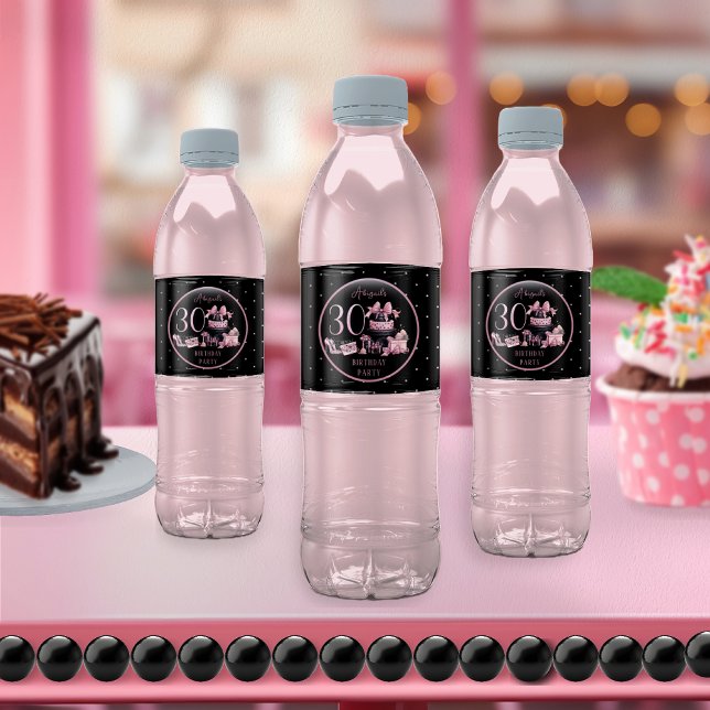 Glam Pink Black Fashion 30th Birthday Party Water Bottle Label (Glam Pink and Black French Couture Fashion 30th Birthday Party Water Bottle Labels)