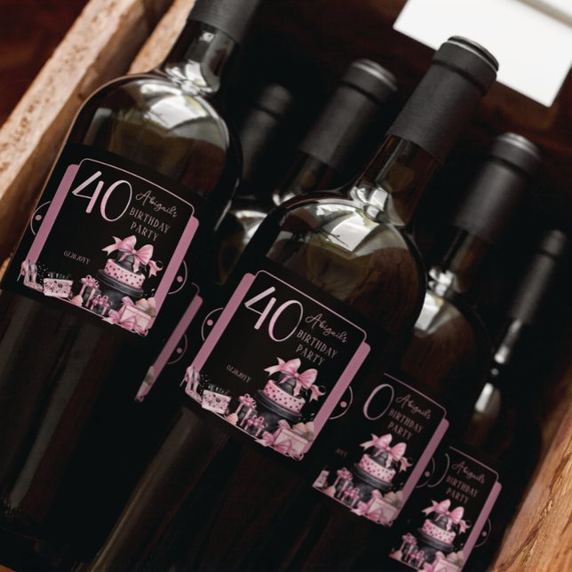 Glam Pink Black Fashion 40th Birthday Party Sparkling Wine Label (Glam Pink and Black French Couture Fashion 40th Birthday Party Bottle Labels)