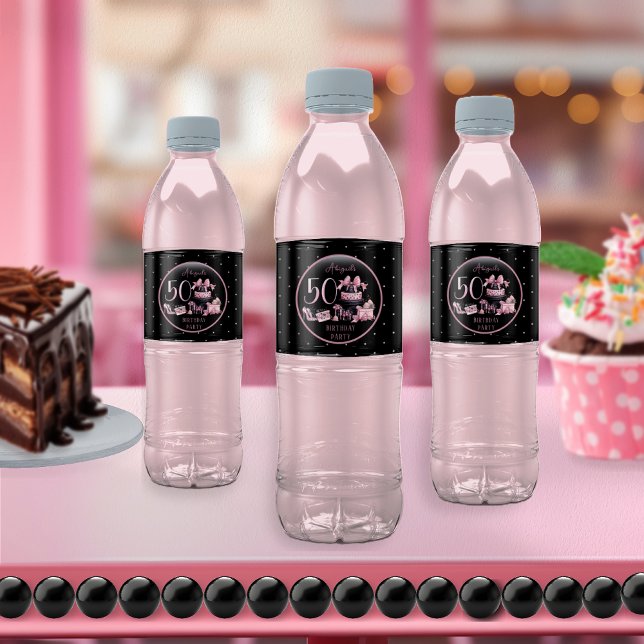 Glam Pink Black Fashion 50th Birthday Party Water Bottle Label (Glam Pink and Black French Couture Fashion 50th Birthday Party Water Bottle Labels)
