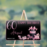 Glam Pink Black Fashion 60th Birthday Party Acrylic Sign<br><div class="desc">Glamourous French couture-inspired,  pink and black "60" 60th birthday design featuring a hat box cake,  pink stilettos and a makeup bag among various unopened birthday presents and luscious cupcakes.  Perfect for celebrating birthday occasions.  Age is created in an uneditable faux pink glitter font.</div>