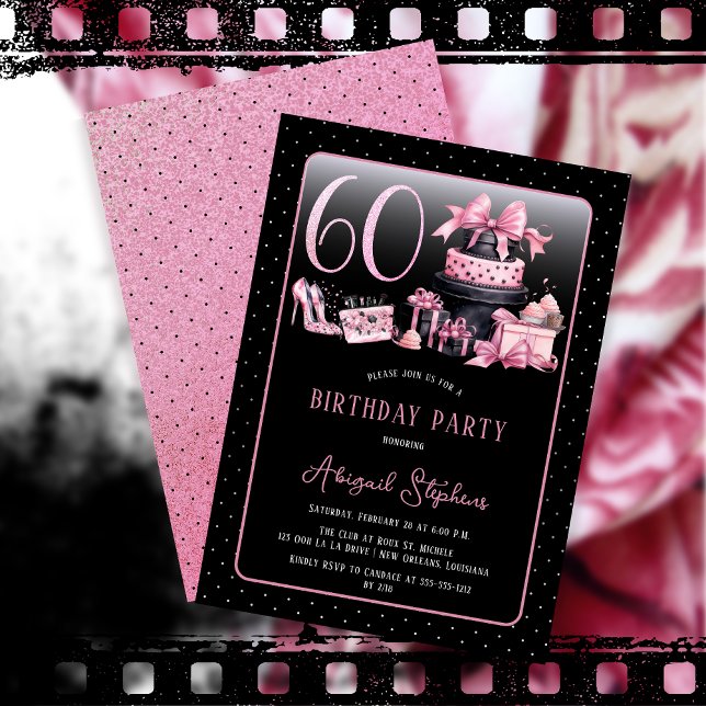 Glam Pink Black Fashion 60th Birthday Party Invitation (Glam Pink and Black French Couture Fashion 60th Birthday Party Invitation)