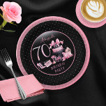 Glam Pink Black Fashion 70th Birthday Party Paper Plate<br><div class="desc">Glamourous French couture-inspired,  pink and black "70" 70th birthday design featuring a hat box cake,  pink stilettos and a makeup bag among various unopened birthday presents and luscious cupcakes.  Perfect for celebrating birthday occasions.  Age is created in an uneditable faux pink glitter font.</div>