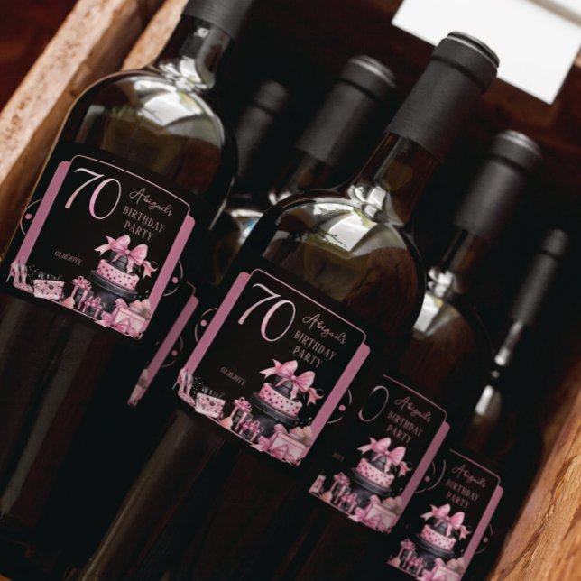 Glam Pink Black Fashion 70th Birthday Party Sparkling Wine Label (Glam Pink and Black French Couture Fashion 70th Birthday Party Bottle Labels)