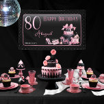 Glam Pink Black Fashion 80th Birthday Party Banner<br><div class="desc">Glamourous French couture-inspired,  pink and black "80" 80th birthday design featuring a hat box cake,  pink stilettos and a makeup bag among various unopened birthday presents and luscious cupcakes.  Perfect for celebrating birthday occasions.  Age is created in an uneditable faux pink glitter font.</div>