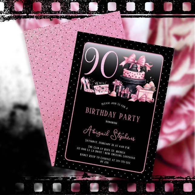 Glam Pink Black Fashion 90th Birthday Party Invitation (Glam Pink and Black French Couture Fashion 90th Birthday Party Invitation)