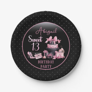 Glam Pink Black Fashion Sweet 13 Birthday Party Paper Plate