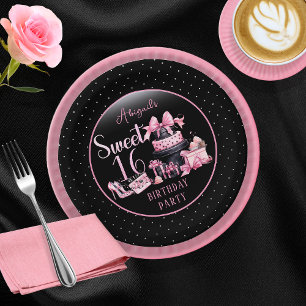 Glam Pink Black Fashion Sweet 16 Birthday Party Paper Plate