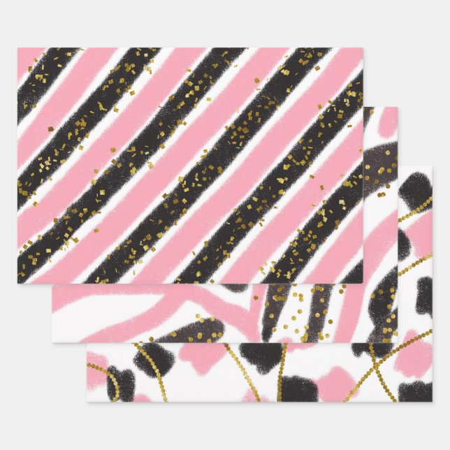 Glam Pink Black Gold Glitter Sparkle Pattern Wrapping Paper Sheet (Set)
