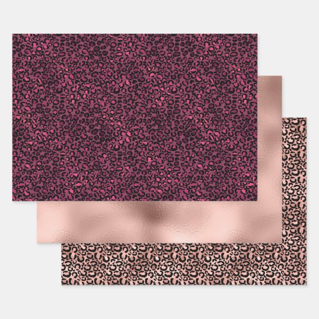 Glam Pink Black Leopard Print Wrapping Paper Sheet (Set)