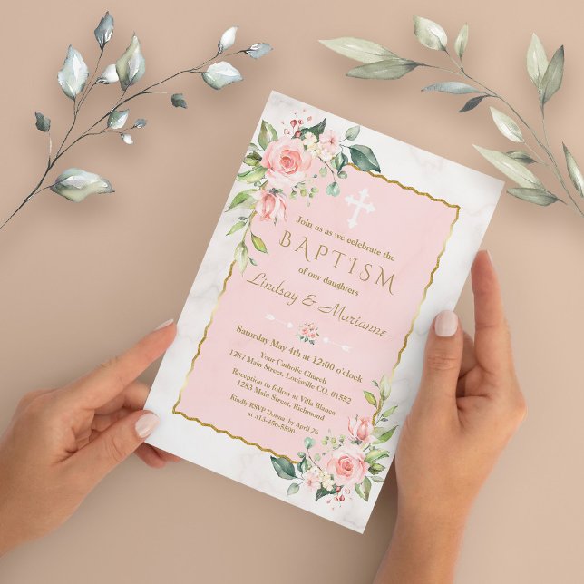 Glam Pink Blush Flowers Gold Marble Twins Baptism Invitation (twins girls baptism invitation, pink flowers baptism invite, trendy floral gold baptism invitation)