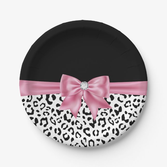 Glam Pink Bow Diamond Black Snow Leopard Paper Plate (Front)