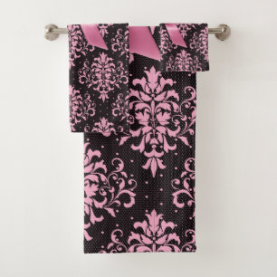 Glam Pink Bow-Pink Lace-Black Bath Towel Set