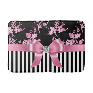 Glam Pink Bow-Pink Stencil-Black White Pinstripes Bath Mat