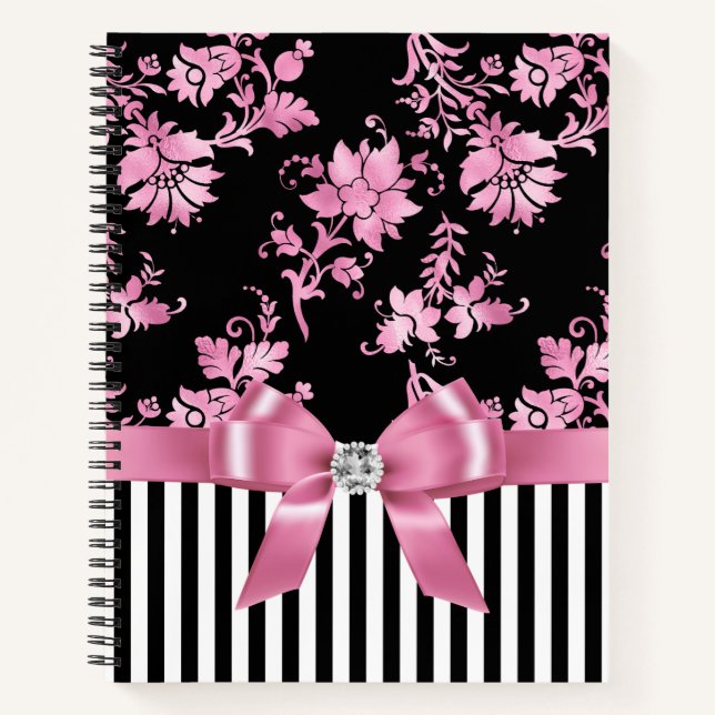 Glam Pink Bow-Pink Stencil-Black White Pinstripes Notebook (Front)