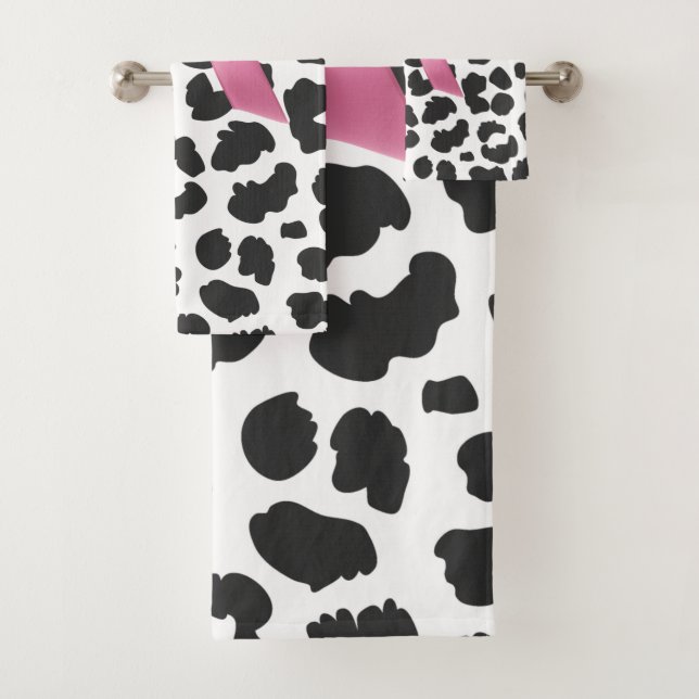 Glam Pink Bow-White Leopard Print-Black Bath Towel Set (Insitu)