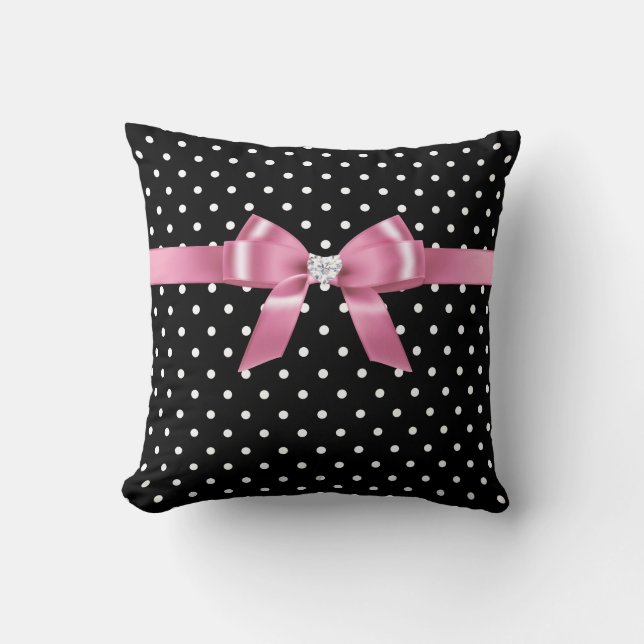 Glam Pink Bow-White Polka Dots-Black Cushion (Front)