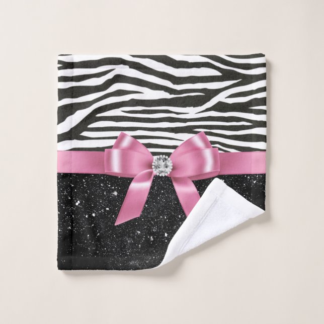 Glam Pink Bow-Zebra Print-Black Sparkle Bath Towel Set (Wash Cloth)