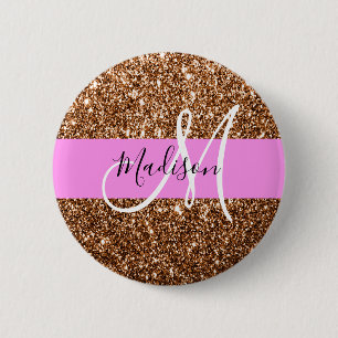 Glam Pink & Bronze Glitter Sparkles Monogram Name 6 Cm Round Badge