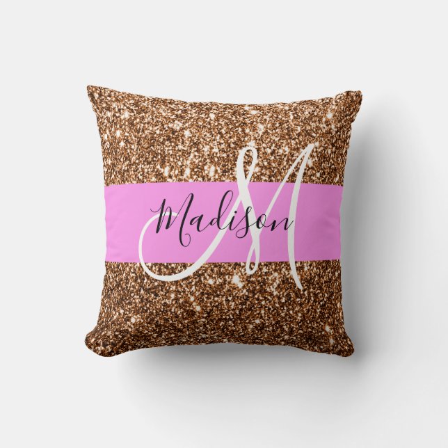 Glam Pink & Bronze Glitter Sparkles Monogram Name Cushion (Front)